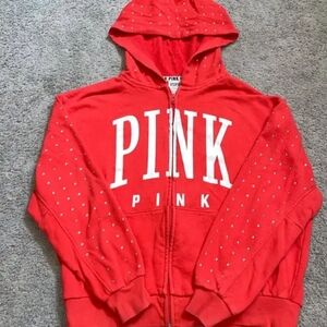PINK VS Full Zip Up Rhinestone Bling Studded Hoodie- Red Size M